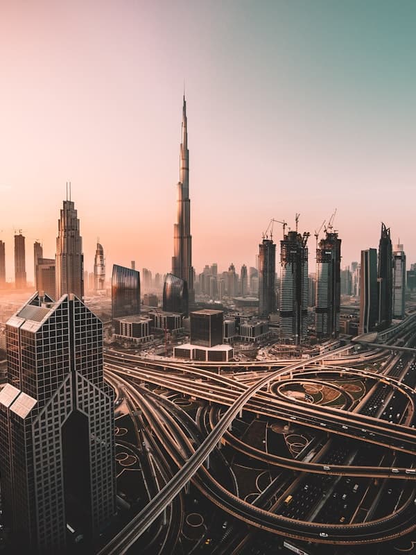 The Burj Khalifa rising above Downtown Dubai at dusk